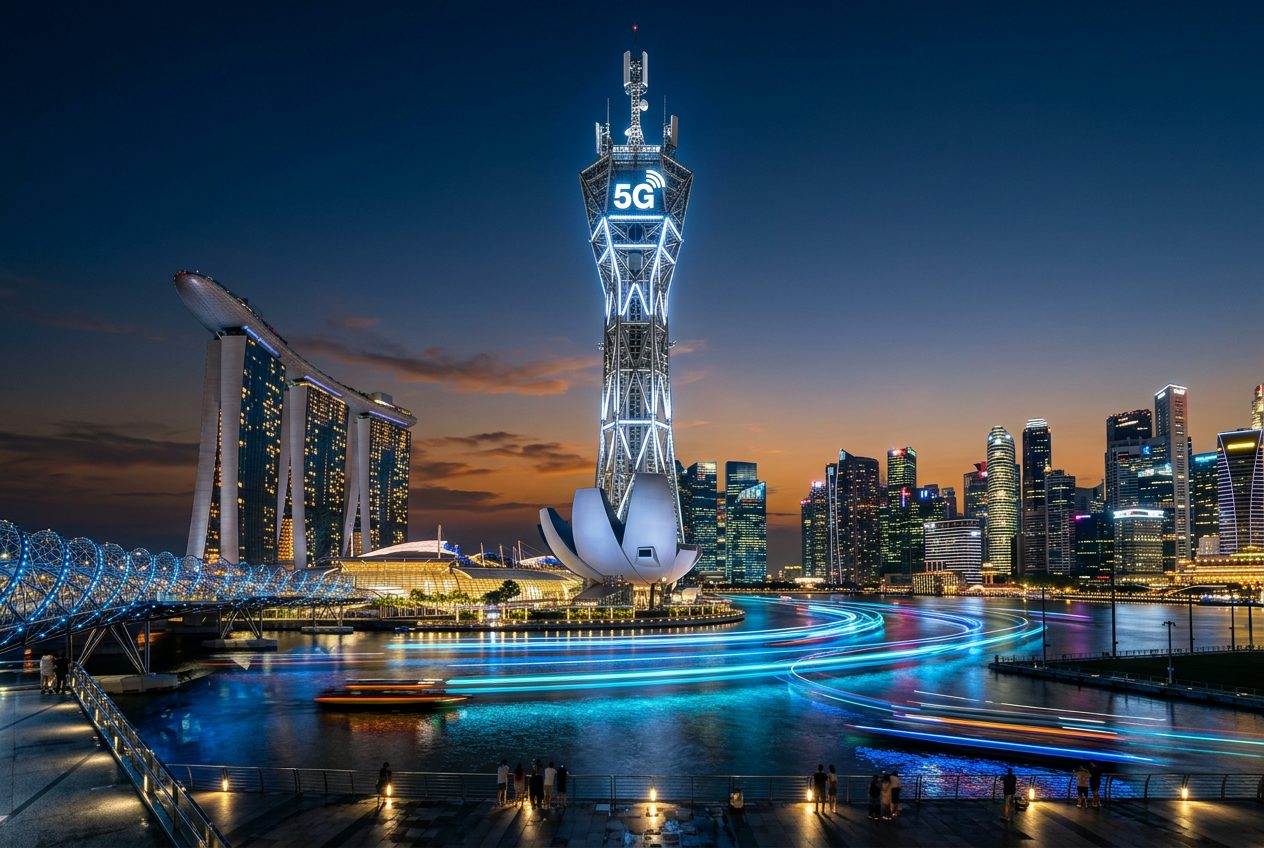 5G cell tower over Marina Bay Singapore