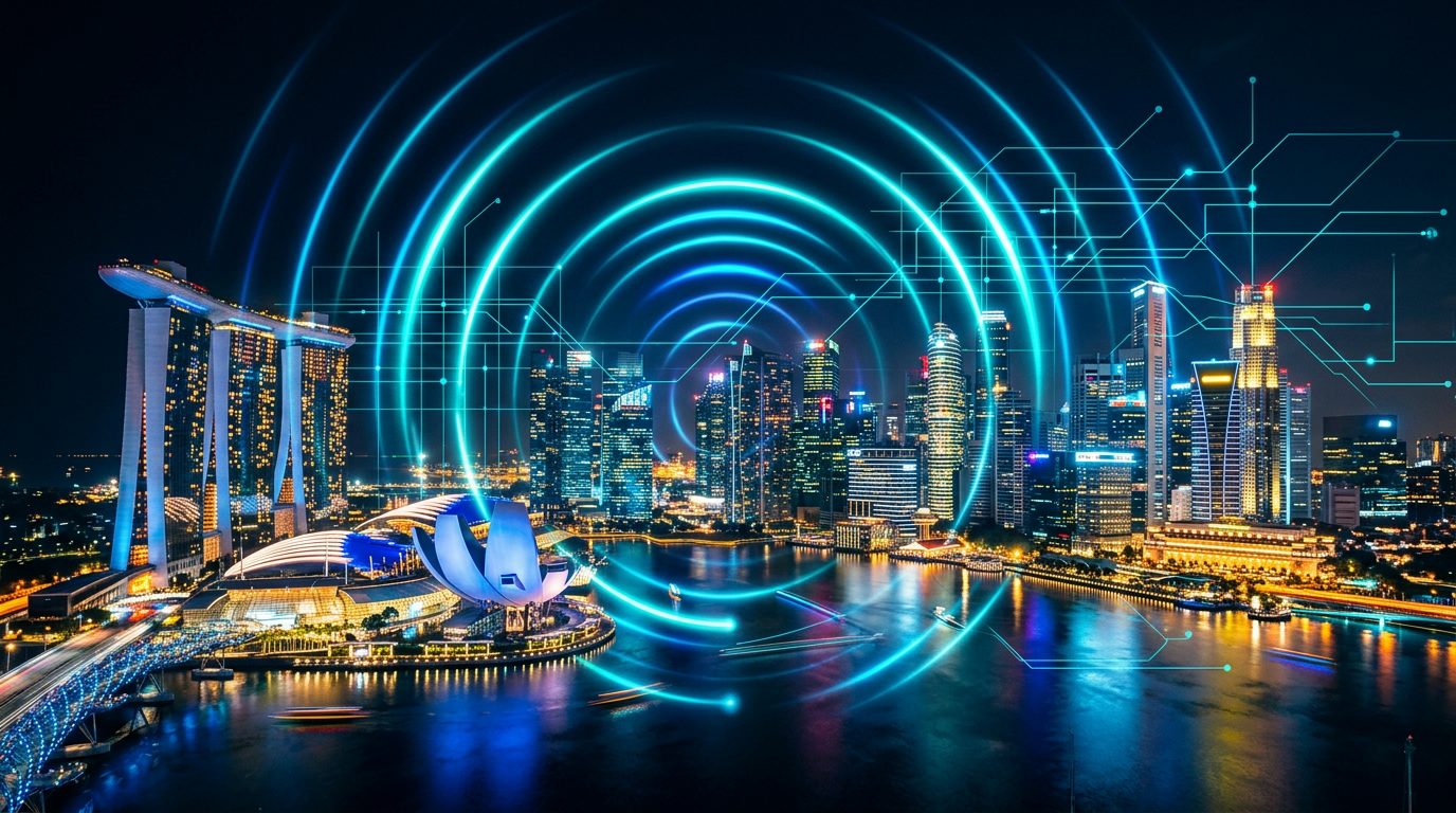 Singapore skyline with signal wave graphics